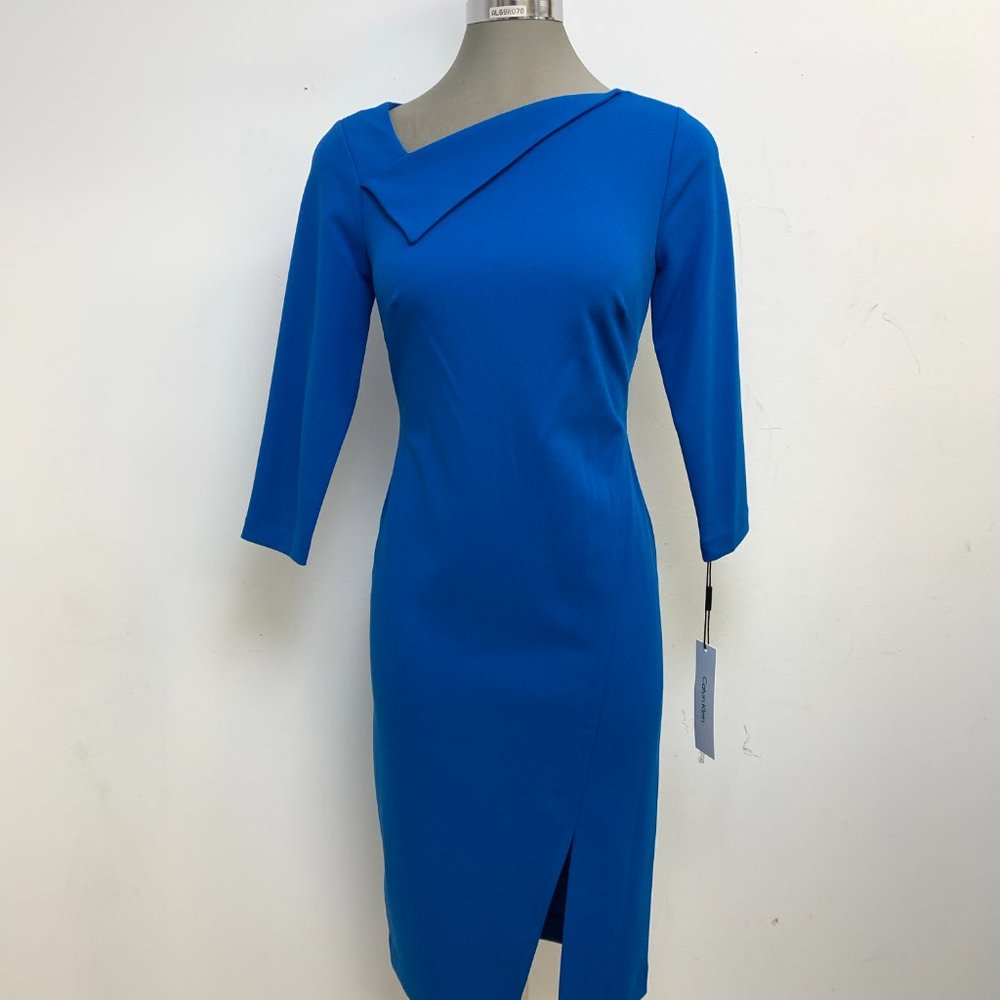 Calvin Klein Cobalt Blue Midi Sheath Dress with Asymmetric Folded Neckline Sz 4
